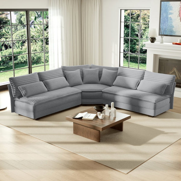 English Elm 5-seater Curved Corner Sectional Sofa Ribbed Corduroy Upholstery with Seven Accent Pillows W2606S00015