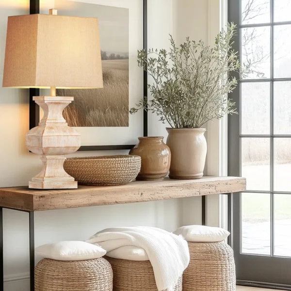 English Elm 33-inch Vintage Resin Table Lamp Beige & White, Rustic 33" Side Lamp with LED Bulb for Cozy Living Rooms W3355P391641