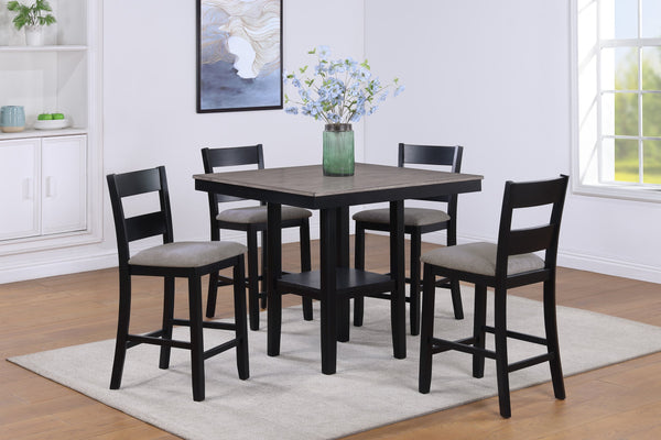 English Elm Rustic 5-Pc Counter Height Dining Set with Square Wood Top, Upholstered Ladder-Back Chairs, Chic Finish Black+Grey 44 L x 44 W x 18 H B011P186070