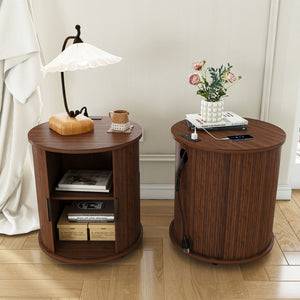 English Elm Mid Century Walnut Round End Table with Charging Station and Sliding Door Storage W2700P385517