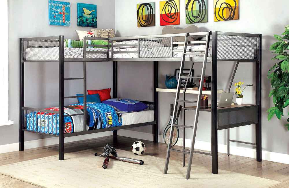 English Elm Modern Triple Twin L-Shaped Bunk Bed with Workstation, Silver Grey & Black Metal Frame, Safe Rails B2741P351949