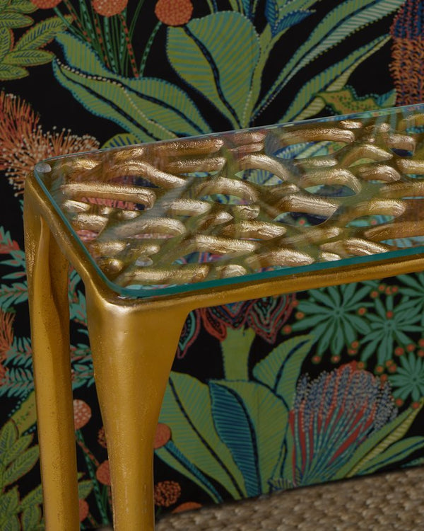 Currey & Company Honeycomb Gold Console Table By Marjorie Skouras – Artistic Aluminum Design With Unique Honeycomb Pattern Gold Cast Aluminum ,Glass 4000-0232-currey-company
