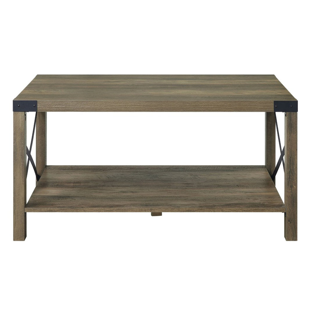 English Elm Rustic Oak Coffee Table With X-Slat Design & Ample Storage Shelf For Stylish Living Room Decor B062P185677-GIGA