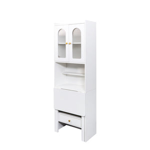 English Elm Fold-Out Convertible Writing Table Space-Saving Desk Cabinet with Shelf and Hidden Drawer for Home Office White W331P256909