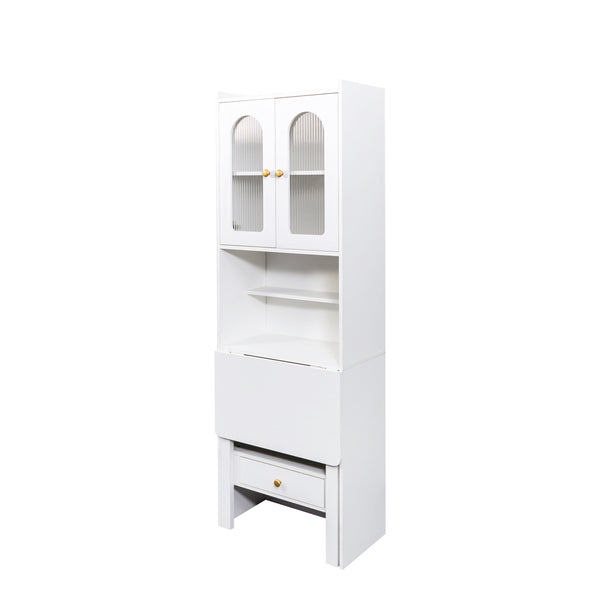 English Elm Fold-Out Convertible Writing Table Space-Saving Desk Cabinet with Shelf and Hidden Drawer for Home Office White W331P256909