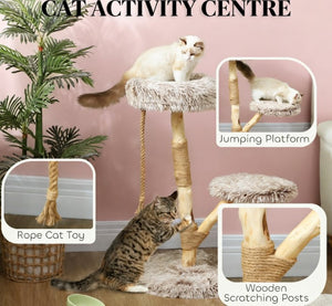 English Elm Cat Tree Tower with Jute Wrapped Pear Wood Post Dual Perches and Hanging Rope Toy T3971P432019