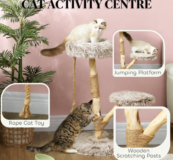 English Elm Cat Tree Tower with Jute Wrapped Pear Wood Post Dual Perches and Hanging Rope Toy T3971P432019