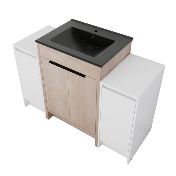 English Elm 48 Inch Freestanding Bathroom Vanity With Black Ceramic Sink, Soft-Close Doors & Ample Storage W999S00313