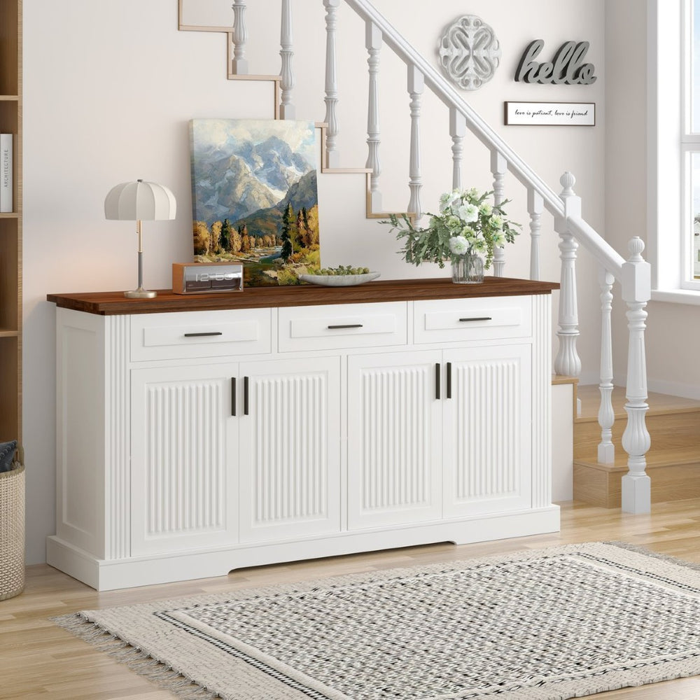 English Elm 63" Fluted Mdf Sideboard with Wood Tone Top Four Doors Three Drawers Dining Storage White W2917S00011