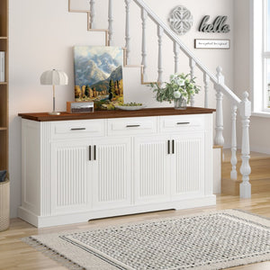 English Elm 63" Fluted Mdf Sideboard with Wood Tone Top Four Doors Three Drawers Dining Storage White W2917S00011