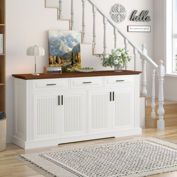 English Elm 63" Fluted Mdf Sideboard with Wood Tone Top Four Doors Three Drawers Dining Storage White W2917S00011