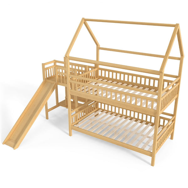 English Elm Full Bunk Bed with Trundle Bookshelf Storage Pine Frame Car Design for Kids Natural W1580S00303