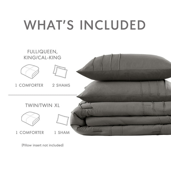 English Elm 3-piece Cal King Pintuck Pleated Microfiber Comforter Set Soft Washed Tailored Bedding Grey B035P463228