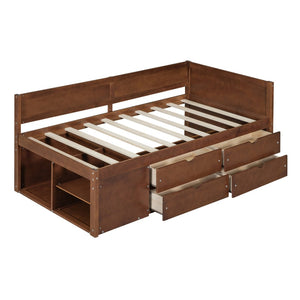 English Elm Twin Daybed with Two Pull Out Drawers and Open Shelves for Small Bedroom Storage Walnut LP102022AAD