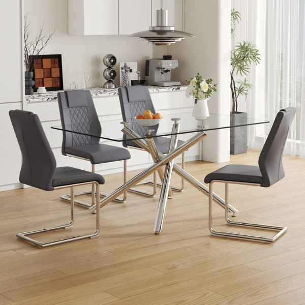 English Elm Table Modern Luxurious Dining Set - Transparent Glass Top With 4 Dark Gray Pu Chairs & Silver Legs W1151S04129-GIGA
