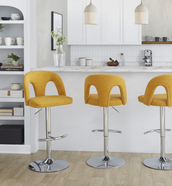 English Elm Adjustable Swivel Barstools with Yellow Fabric Seats and Chrome Base Set of 2 B202S01954
