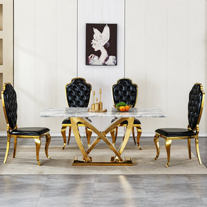 English Elm Marble Dining Table For 6, 70'' Rectangular Faux Marble With Mirrored Stainless Steel Base, Modern Elegance W3456S00026