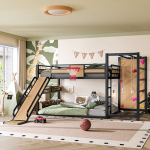 English Elm Twin Metal Loft Bed with Slide Basketball Hoop Climbing Wall and Built-in Shelves W1580S00632