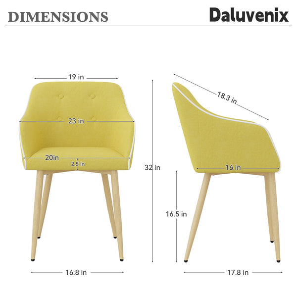 English Elm Dining Chairs Set of 2 Mid-Century Modern Upholstered Linen Side Chairs with Thick Foam Cushions, Wooden Legs and Armrests for Dining Room Comfort Yellow T3950P405212