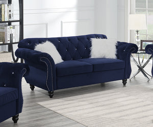 English Elm Formal Crystal-Tufted Velvet Loveseat with Rolled Arms and Silver Nailhead Trim for Elegant Living Rooms Indigo 59 L x 32 W x 19 H B011S01695