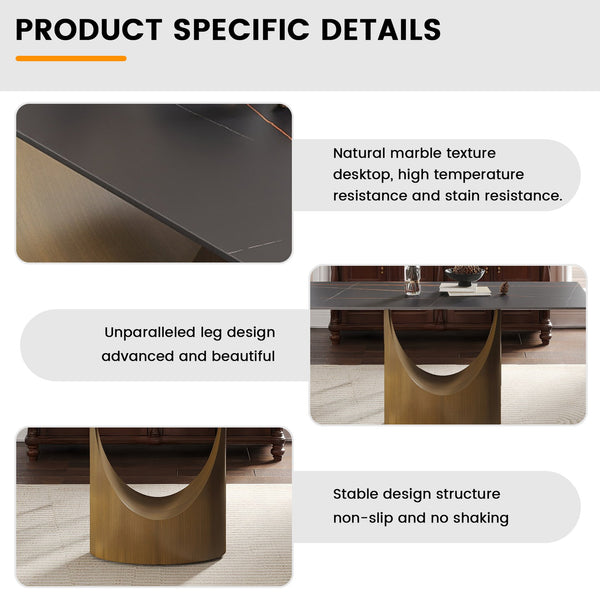 English Elm 55.12"Modern Sintered Stone Dining Table with Bronze Iron Legs — Sleek Rectangular Top, Seats 6, 400 lb Capacity Antique Brass,Black W1535S00555