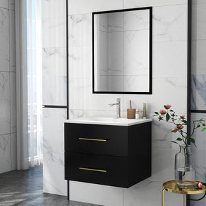 English Elm 24-Inch Modern Wall-Mounted Bathroom Vanity With Sink & Mirror, Elegant Gold Handles, 2 Drawers W3151S00037