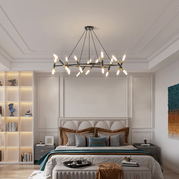 English Elm 41" Black & Golden Modern Chandelier — 20-Light Branch Pendant with Frosted Acrylic Tubes, Adjustable Height, G9 Bulbs W1340P233171