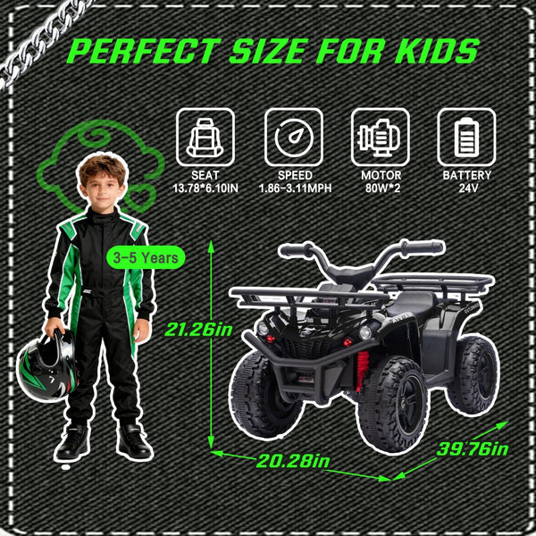 English Elm 24v Dual Motor Kids Atv Ride on with Led Lights Bluetooth Storage Racks Off Road Black W1578P390448