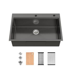 English Elm Stainless Steel Handmade Black Single Bowl Kitchen Sink with Cutting Board and Colander T3177P296187