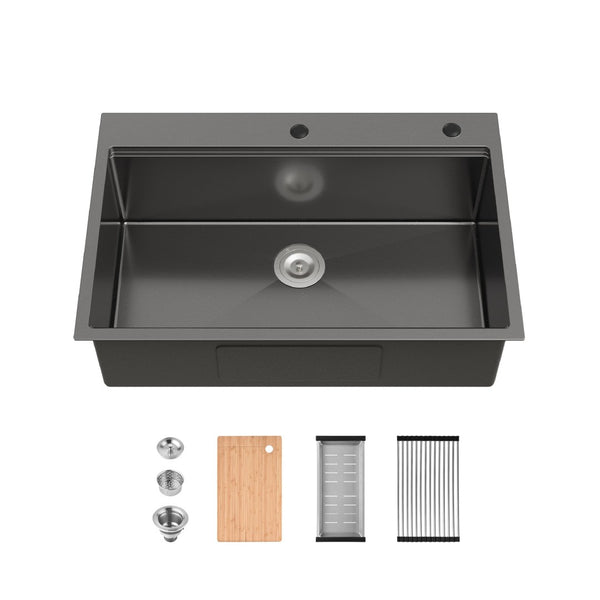 English Elm Stainless Steel Handmade Black Single Bowl Kitchen Sink with Cutting Board and Colander T3177P296187