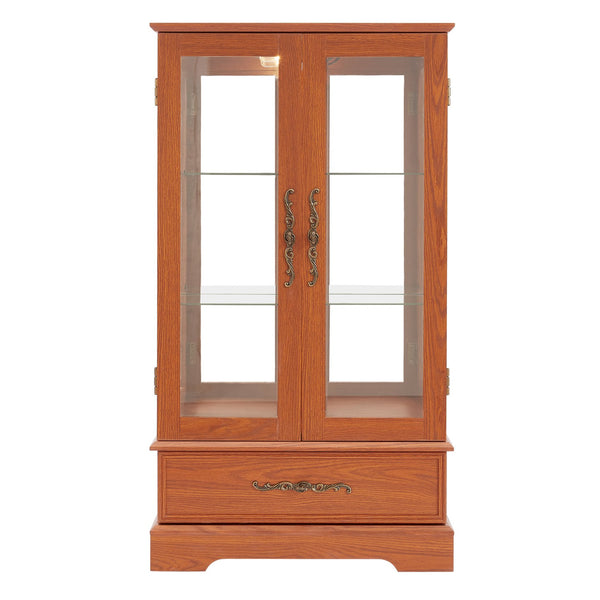 English Elm Glass Lighted Curio Cabinet DARK OAK with Adjustable Glass Shelves, Vintage Handles, Bulb Included W2275P295883