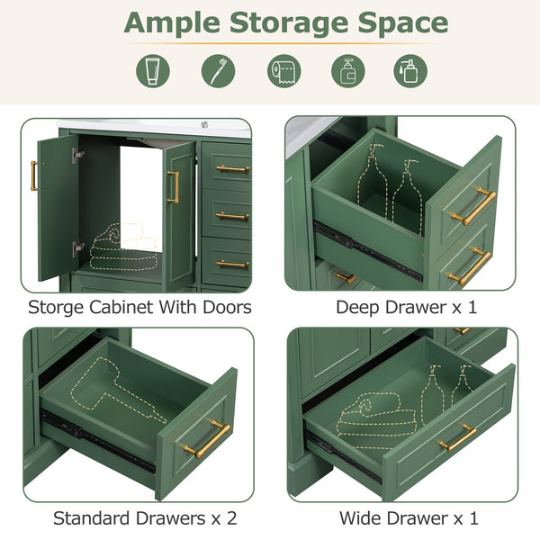 English Elm 36-inch Green Traditional Bathroom Vanity with Resin Sink, 2 Doors 4 Drawers, Gold Handles, Soft-Close hinges, 36"W x 18"D x 34"H SV000026AAF