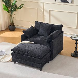 English Elm 39.4" Chenille Club Chair with Ottoman Solid Wood Frame for Living Room or Bedroom Black W3244P392667