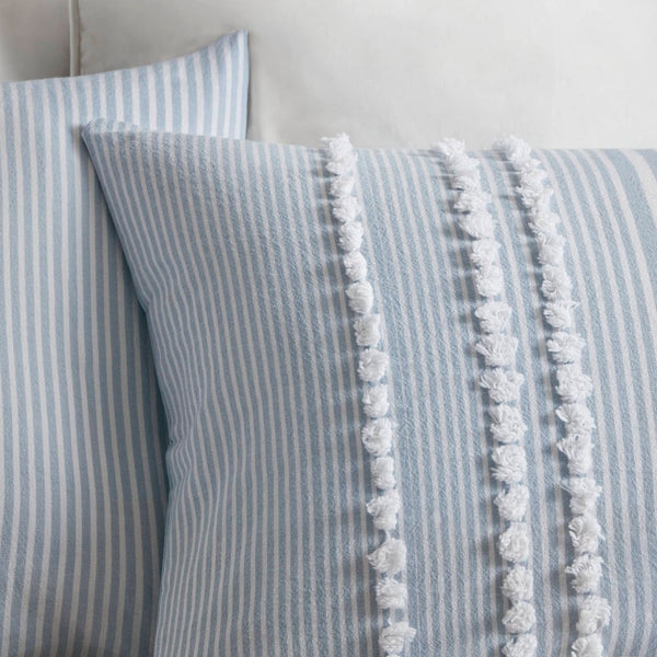 English Elm 3-piece Cotton Yarn Dyed Comforter Set Jacquard Pompom Stripe Coastal Bedroom Blue B035P482892