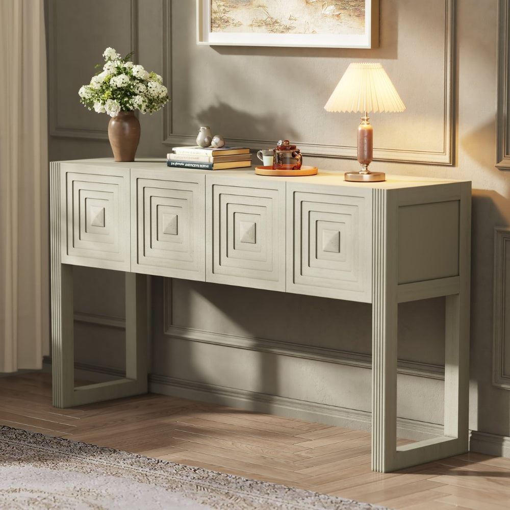 English Elm [video] Art Deco Console Table Geometric Carved Fronts Fluted Legs 3 Soft-close Drawers Natural N759P433572N
