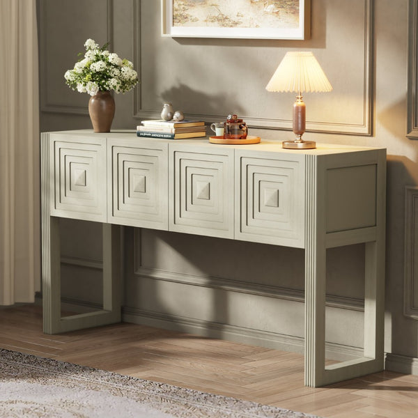 English Elm [video] Art Deco Console Table Geometric Carved Fronts Fluted Legs 3 Soft-close Drawers Natural N759P433572N
