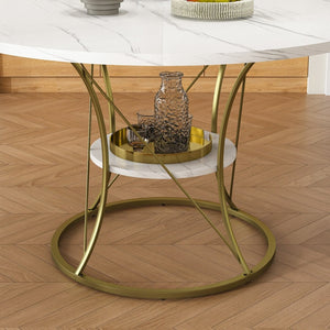 English Elm 43 Inch Expandable Round Dining Table Walnut Veneer Seats Six with Metal Storage Shelf Walnut+Gold W2700P411581
