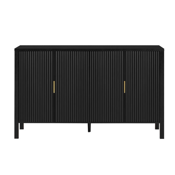 English Elm U_style Striped Four Door Sideboard Mdf Buffet Cabinet with Adjustable Shelves for Dining Black N711P345170B