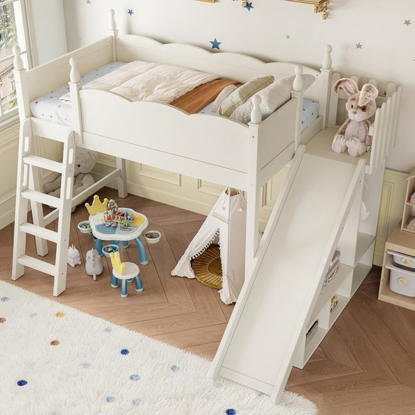English Elm Twin Loft Bed Solid Pine Frame with Wardrobe Shelving Detachable Slide Kids Room Beige W5305S00018