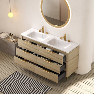 English Elm AMARA 60" Bathroom Vanity with Integrated Sintered Stone Basin, Preassembled Plywood Cabinet with Motion-Activated Light and Soft-Close Drawers Carrara White,White Oak W2615P346338