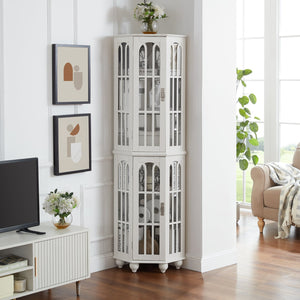 English Elm Corner Curio Cabinet with 6 Shelves, Tempered Glass Display, Built-In Lighting, Mirrored Back White W1693P216951