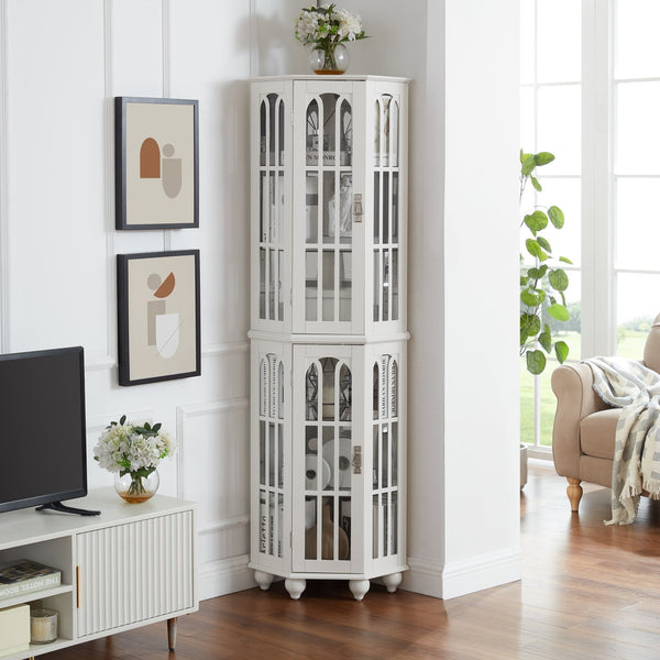 English Elm Corner Curio Cabinet with 6 Shelves, Tempered Glass Display, Built-In Lighting, Mirrored Back White W1693P216951