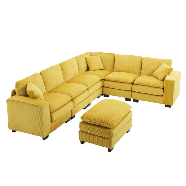 English Elm Modern U Shaped 6-Seat Sectional Sofa with Ottoman and 3 Toss Pillows, Corduroy Modular Comfort and Durable Frame Yellow W2363S00040