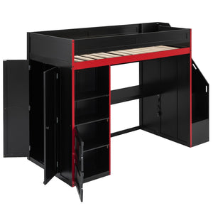 English Elm Gaming Twin Loft Bed with Led Desk Storage Locker and Bold Black Red Finish N709P004102J