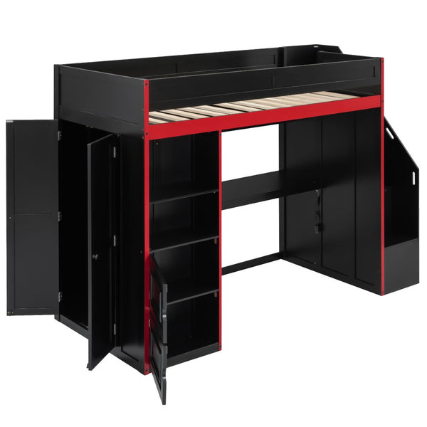 English Elm Gaming Twin Loft Bed with Led Desk Storage Locker and Bold Black Red Finish N709P004102J