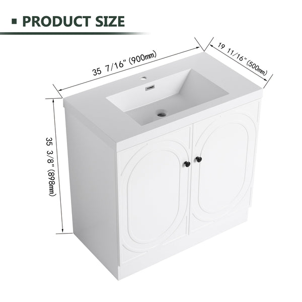English Elm 36" Freestanding Bathroom Vanity with Resin Sink, Soft-Close Doors, Adjustable Shelf & Metal Handles White W999S00273