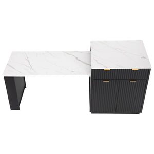 English Elm K&K Fluted Kitchen Island with Extendable Dining Table, Art Deco Mid-Century Design, Built-In Power Hub, Gold Handle Black N707S000018B