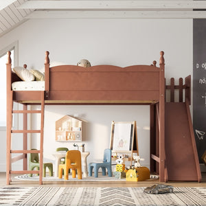 English Elm Queen Solid Pine Loft Bed with Wardrobe Shelves Detachable Slide and Dual Sleeping Zones Antique Natural W5305S00030