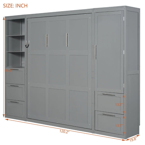 English Elm Queen Murphy Wall Bed with Wardrobe Drawers and Shelves for Studio or Guest Room Gray LP000865AAE-1