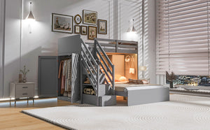 English Elm Twin Over Full Bunk Bed with Wardrobe Storage Stairs Shelves and Usb Charging Gray LT000292AAE